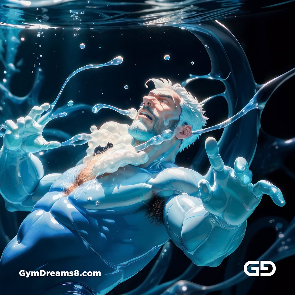 Dolphin. Bearded hairy men in blue translucent latex bodysuit riding a dolphin underwater. Abstract jelly spheres. Bubbles. Scifi themed. Photorealistic anime / illustration., made with Stable Diffusion and Midjourney.