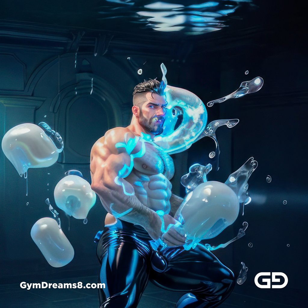 Dolphin. Bearded hairy men in blue translucent latex bodysuit riding a dolphin underwater. Abstract jelly spheres. Bubbles. Scifi themed. Photorealistic anime / illustration., made with Stable Diffusion and Midjourney.