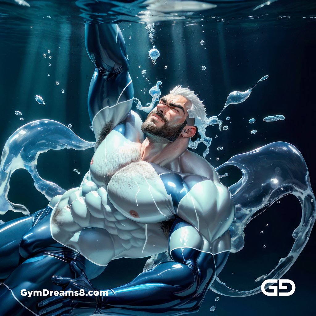 Dolphin. Bearded hairy men in blue translucent latex bodysuit riding a dolphin underwater. Abstract jelly spheres. Bubbles. Scifi themed. Photorealistic anime / illustration., made with Stable Diffusion and Midjourney.