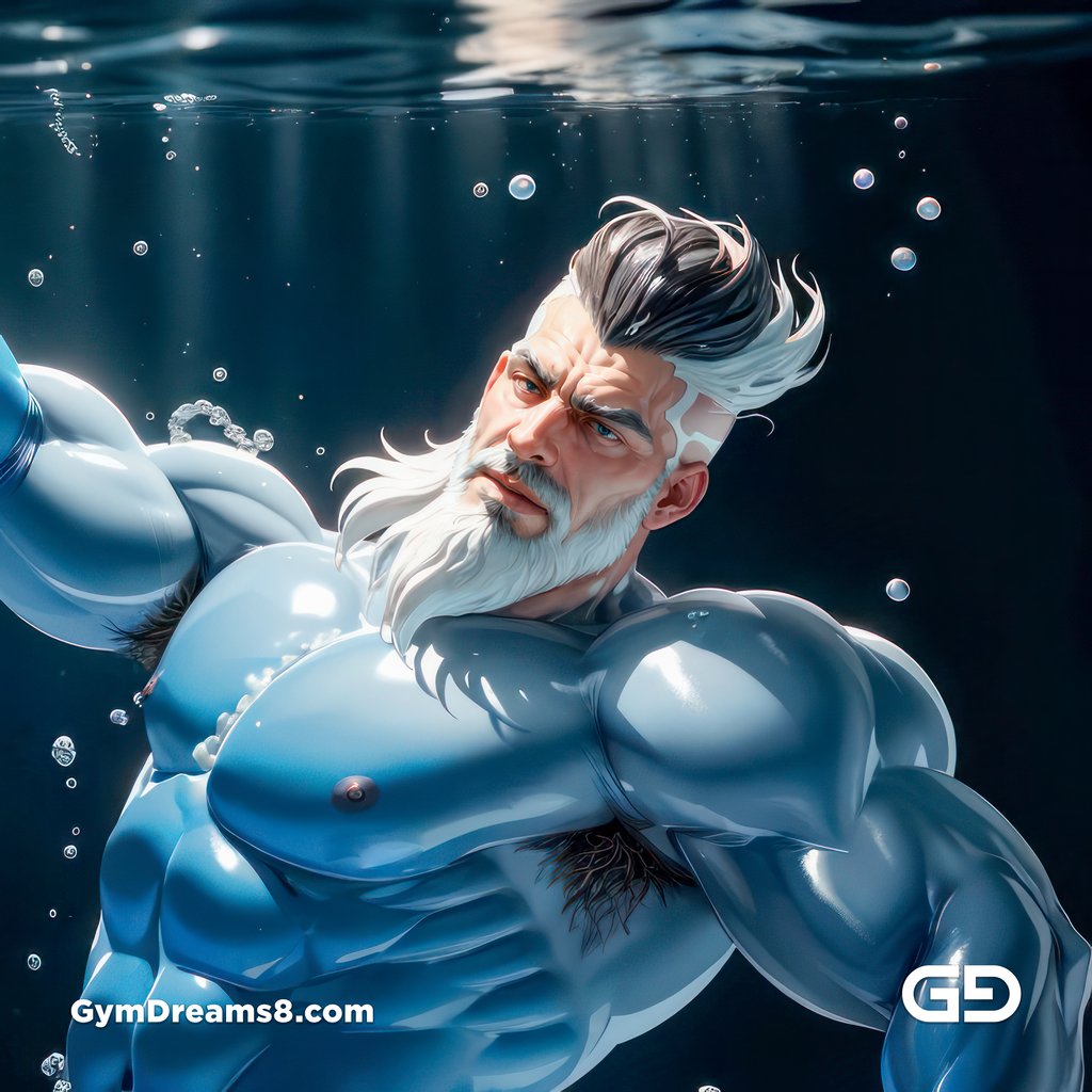 Bubble 1, Floating. Muscular men with hairy chests and beards in blue bodysuits floating underwater. Scifi themed. Anime / illustration. Made with Stable Diffusion and Midjourney.