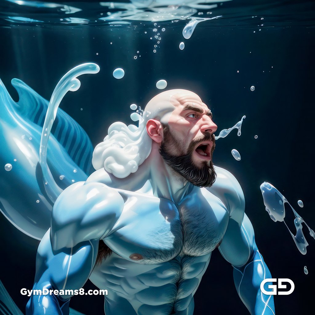 Bubble 1, Floating. Muscular men with hairy chests and beards in blue bodysuits floating underwater. Scifi themed. Anime / illustration. Made with Stable Diffusion and Midjourney.
