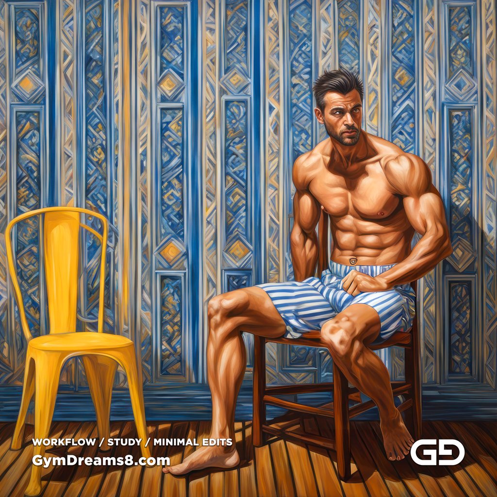 Yellow Chair Variations, after The Chair No. 2 by Elias Avramidis, 2023. Paintings of a man and a yellow chair. Rendered with Stable Diffusion and SDXL.