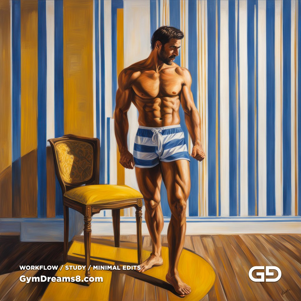 Yellow Chair Variations, after The Chair No. 2 by Elias Avramidis, 2023. Paintings of a man and a yellow chair. Rendered with Stable Diffusion and SDXL.