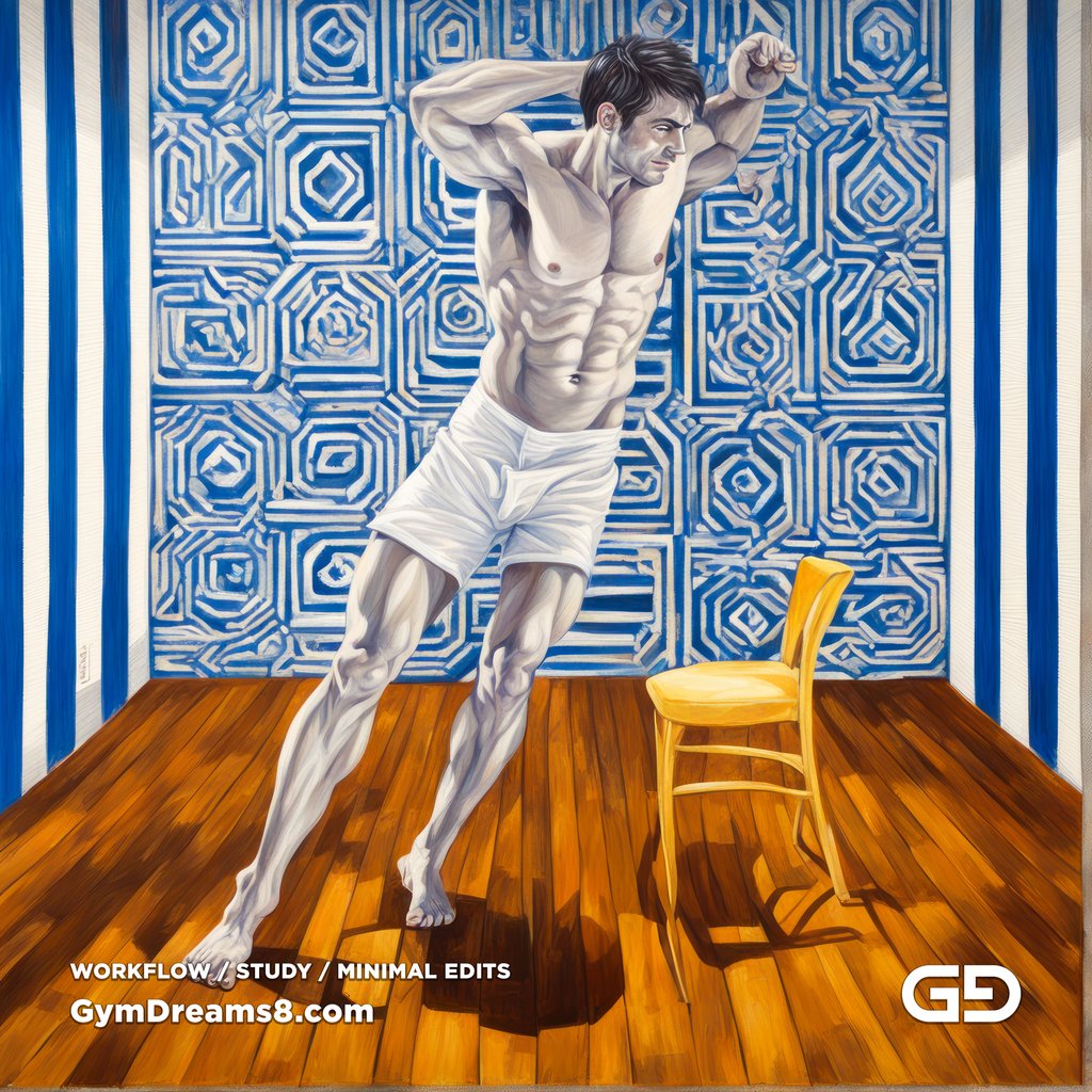 Yellow Chair Variations, after The Chair No. 2 by Elias Avramidis, 2023. Paintings of a man and a yellow chair. Rendered with Stable Diffusion and SDXL.