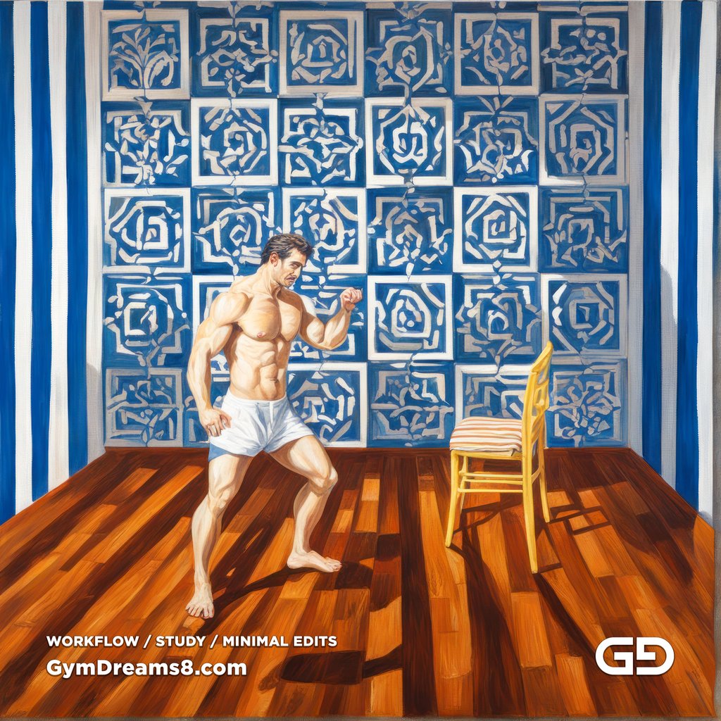 Yellow Chair Variations, after The Chair No. 2 by Elias Avramidis, 2023. Paintings of a man and a yellow chair. Rendered with Stable Diffusion and SDXL.