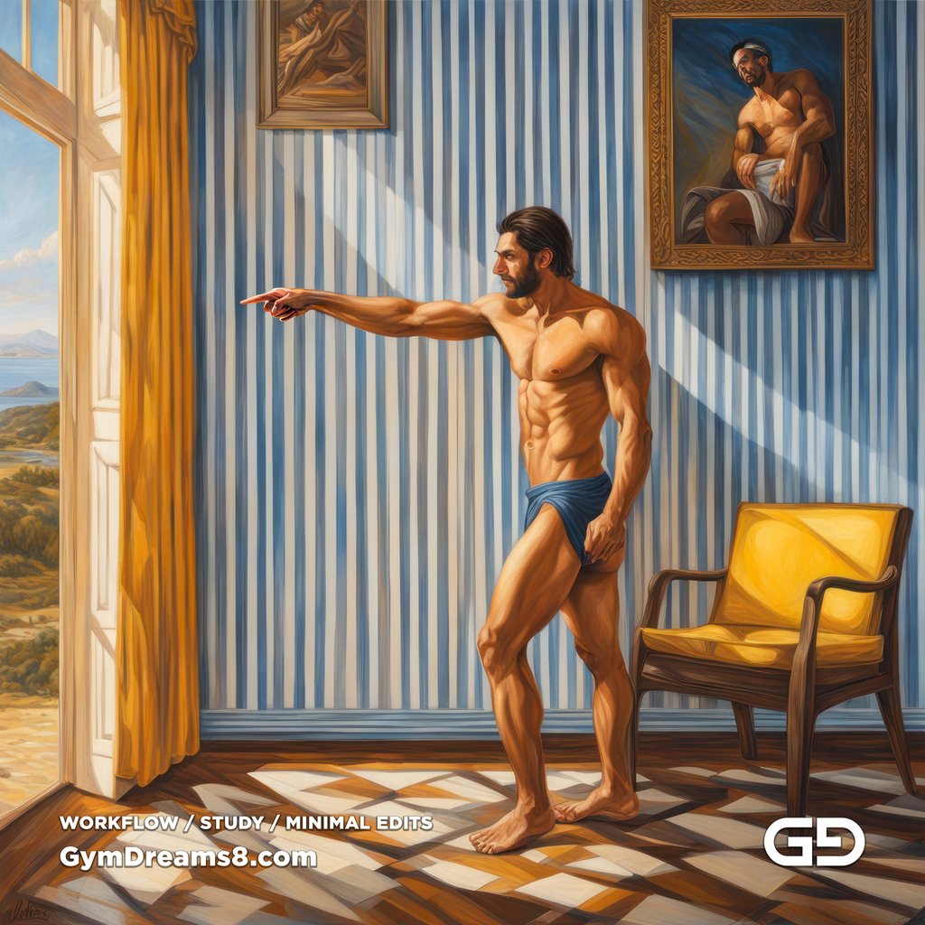 Yellow Chair Variations, after The Chair No. 2 by Elias Avramidis, 2023. Paintings of a man and a yellow chair. Rendered with Stable Diffusion and SDXL.