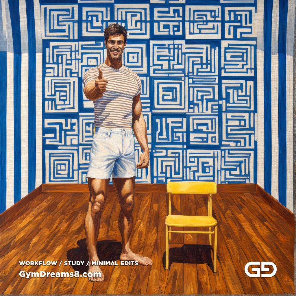 Yellow Chair Variations, after The Chair No. 2 by Elias Avramidis, 2023. Paintings of a man and a yellow chair. Rendered with Stable Diffusion and SDXL.