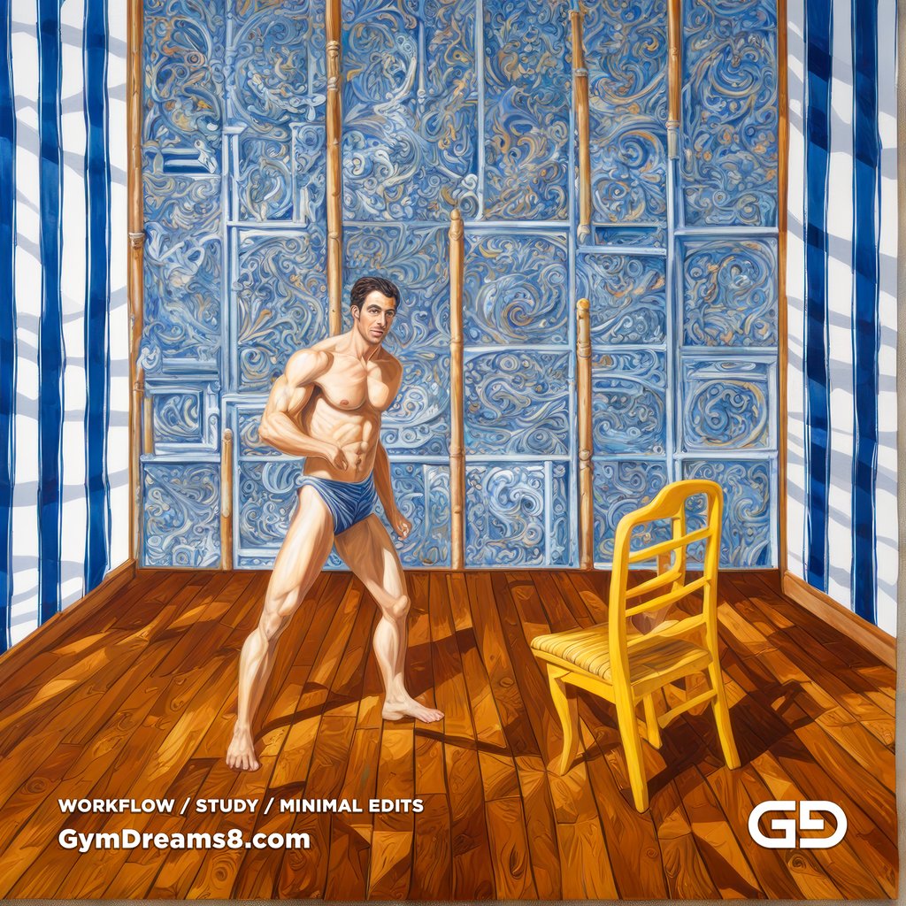 Yellow Chair Variations, after The Chair No. 2 by Elias Avramidis, 2023. Paintings of a man and a yellow chair. Rendered with Stable Diffusion and SDXL.