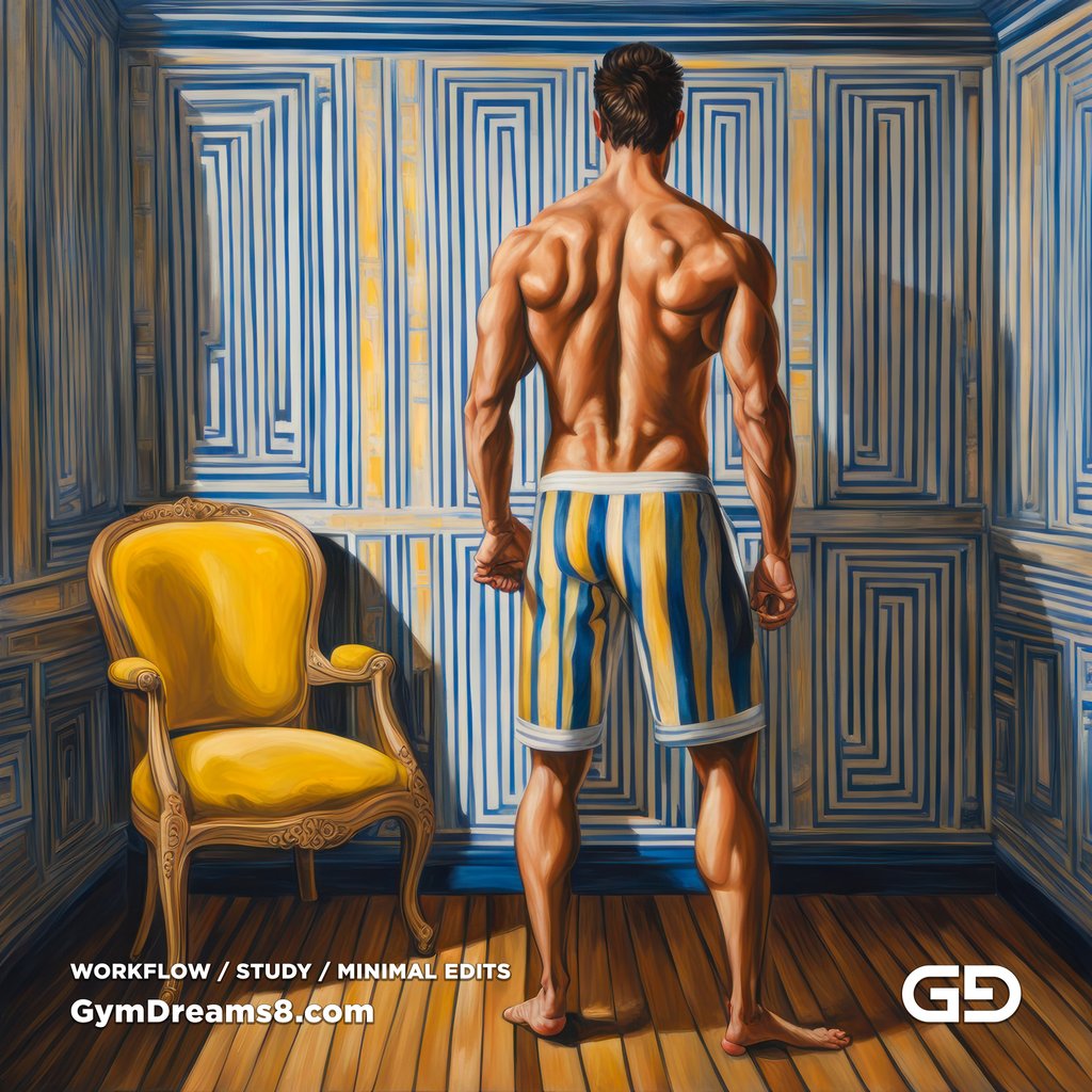 Yellow Chair Variations, after The Chair No. 2 by Elias Avramidis, 2023. Paintings of a man and a yellow chair. Rendered with Stable Diffusion and SDXL.