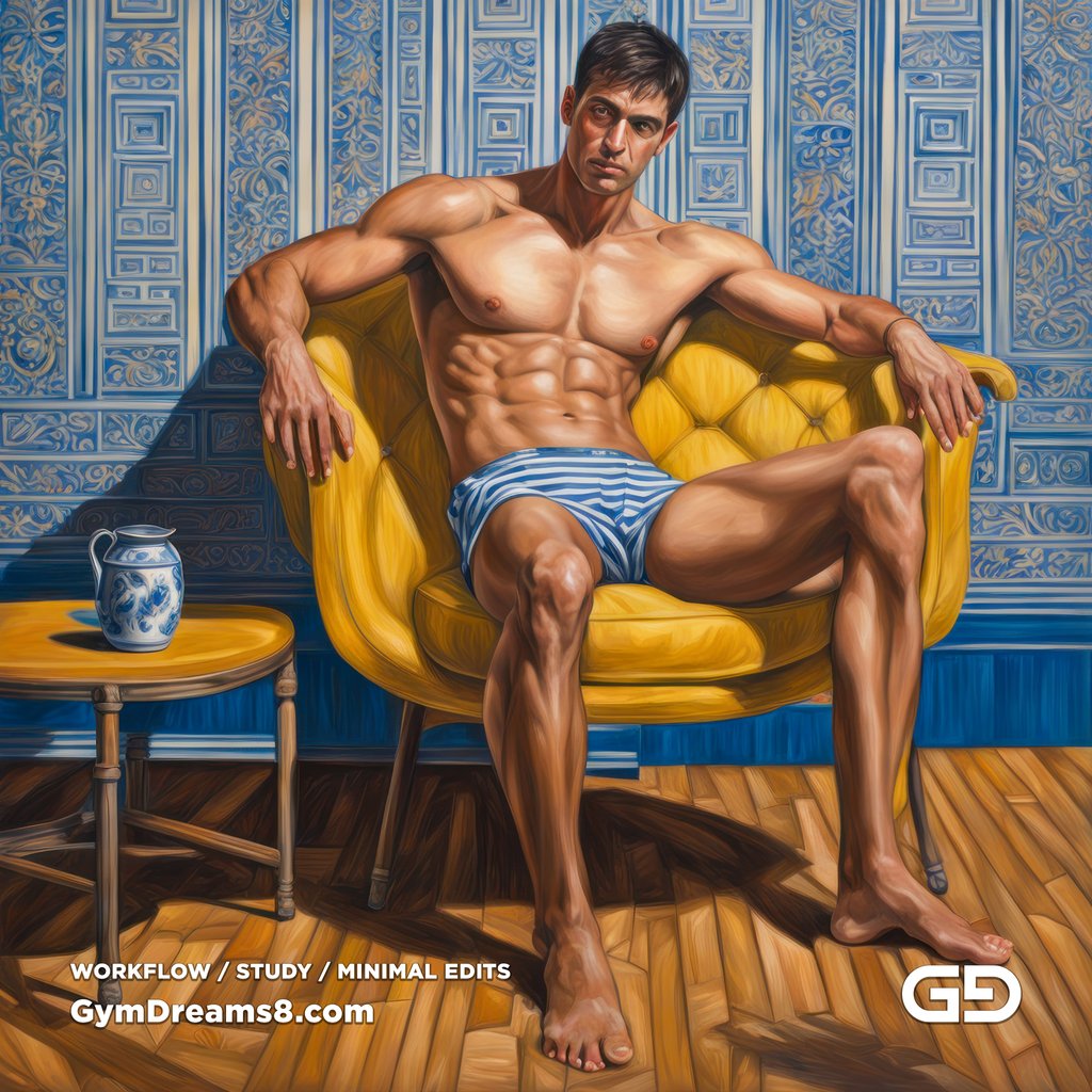 Yellow Chair Variations, after The Chair No. 2 by Elias Avramidis, 2023. Paintings of a man and a yellow chair. Rendered with Stable Diffusion and SDXL.