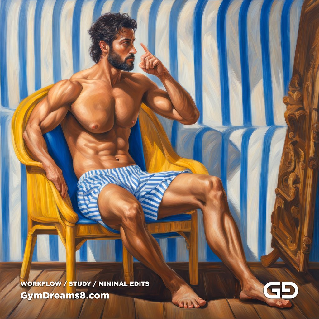 Yellow Chair Variations, after The Chair No. 2 by Elias Avramidis, 2023. Paintings of a man and a yellow chair. Rendered with Stable Diffusion and SDXL.