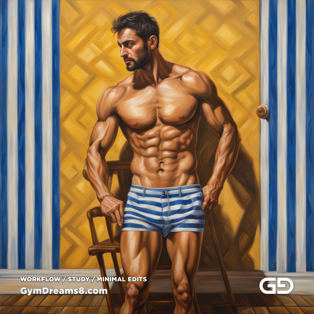 Yellow Chair Variations, after The Chair No. 2 by Elias Avramidis, 2023. Paintings of a man and a yellow chair. Rendered with Stable Diffusion and SDXL.