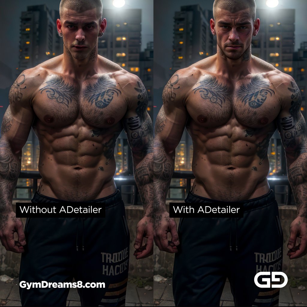 Comparison before and after ADetailer. Chav2. Stable Diffusion txt2img with Airfuck’s Brute Mix.