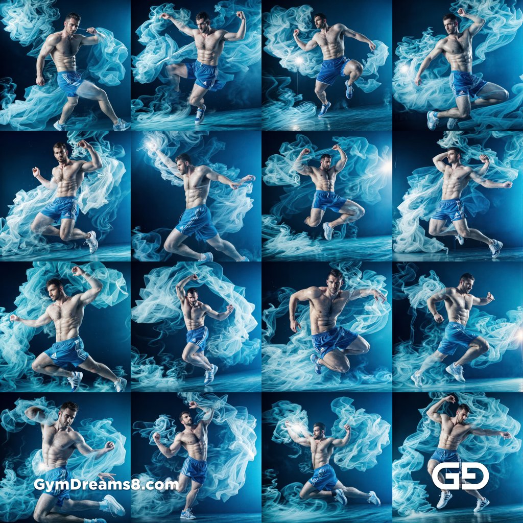 Dance / Run. Blue Smoke. Photography of men running and dancing, Stable Diffusion with Virile Reality