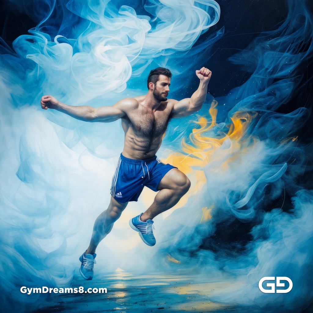 Blue. Dance / Run. Photorealistic paintings of men running, Stable Diffusion with Virile Reality