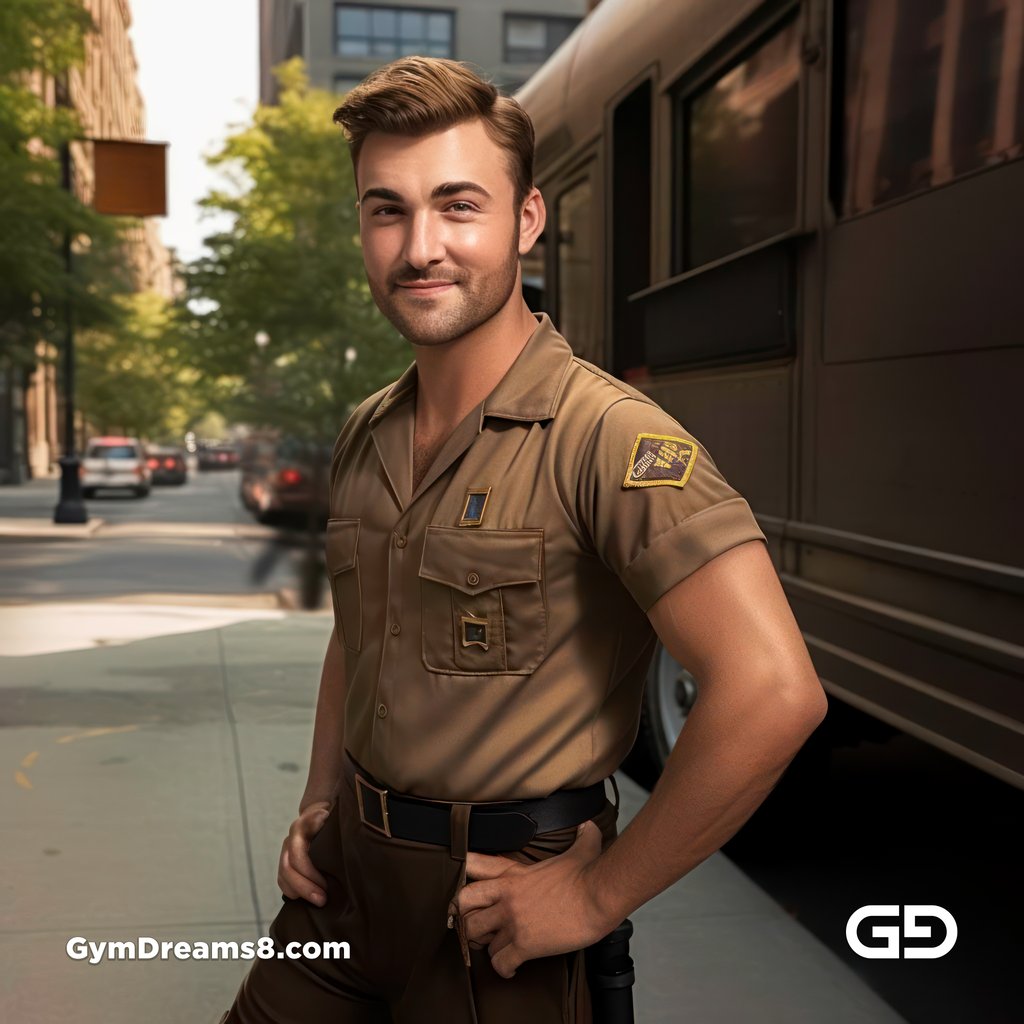 Delivery guys in brown uniform. Rendered with Midjourney v5.