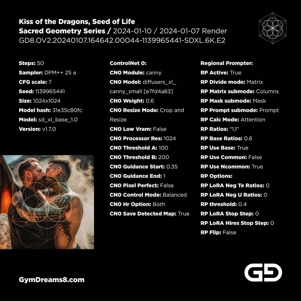 Kiss of the Dragons, Seed of Life, Sacred Geometry series. Stable Diffusion, SDXL, control nets.
