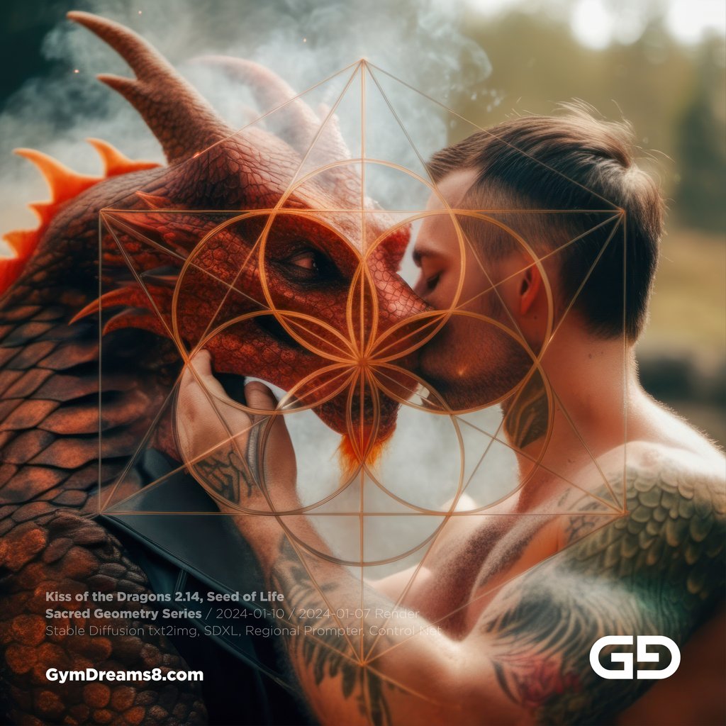 Kiss of the Dragons 2, Seed of Life, Sacred Geometry series. Stable Diffusion, SDXL, control nets.