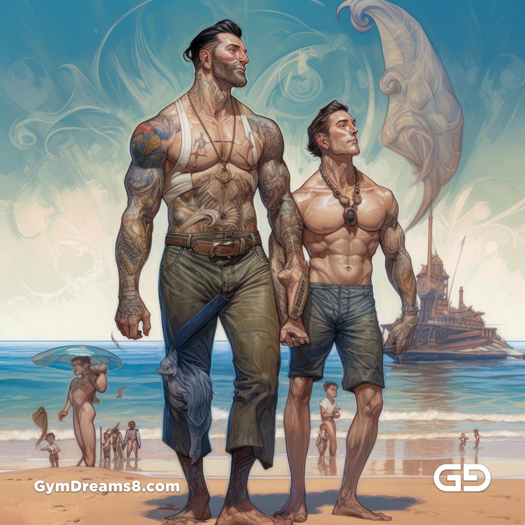 Gay Couples at the Beach, paintings, rendered in Midjourney