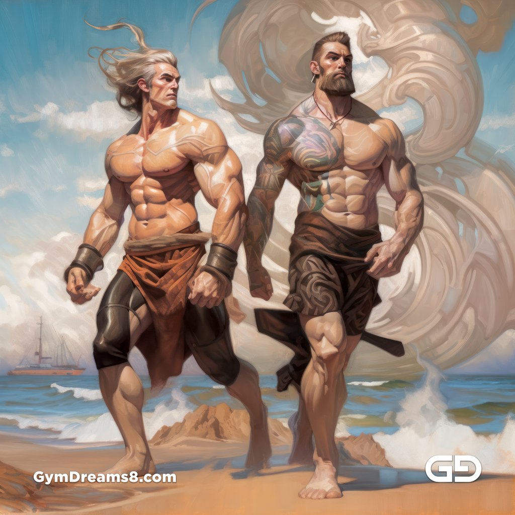Gay Couples at the Beach, paintings, rendered in Midjourney