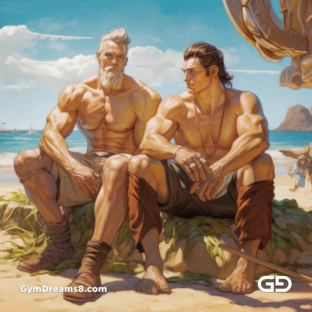 Gay Couples at the Beach, paintings, rendered in Midjourney
