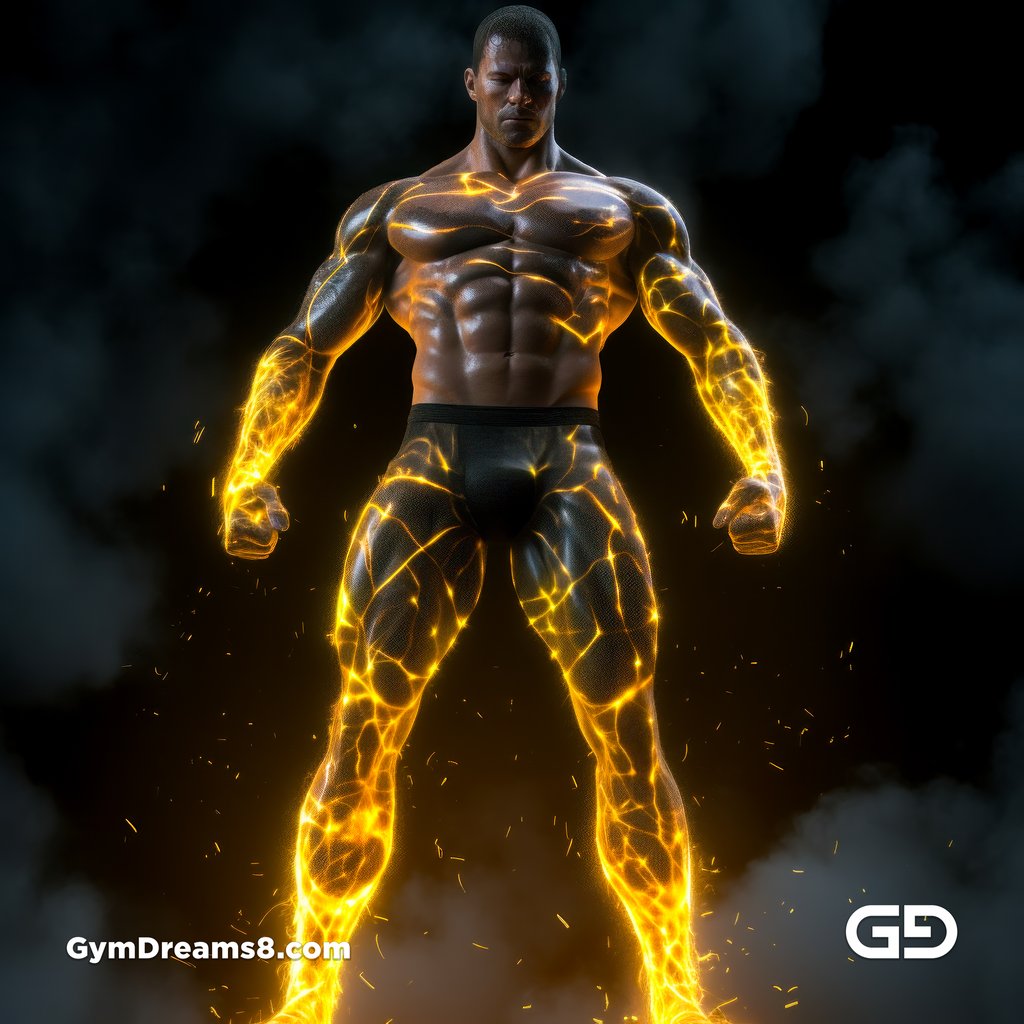 Fire, Muscular man in latex with fire and smoke, Midjourney