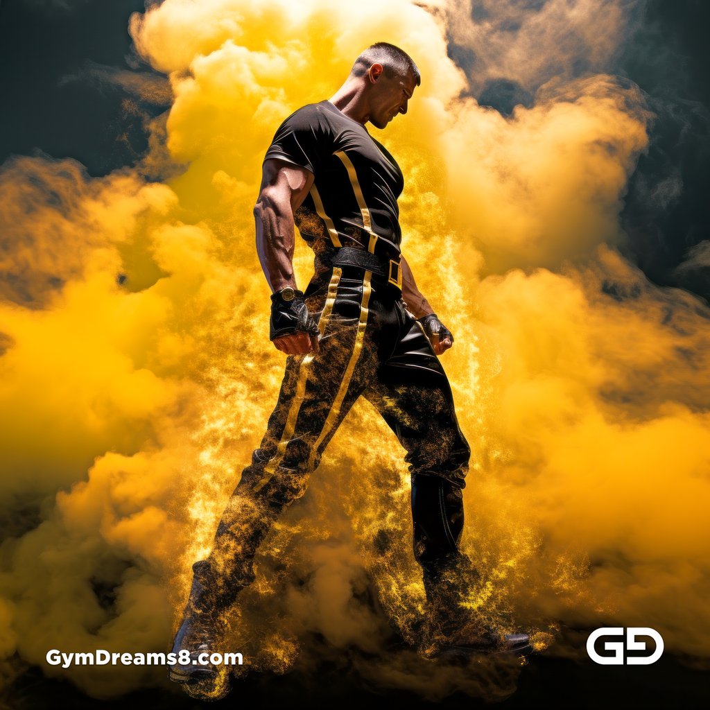 Fire, Muscular man in latex with fire and smoke, Midjourney