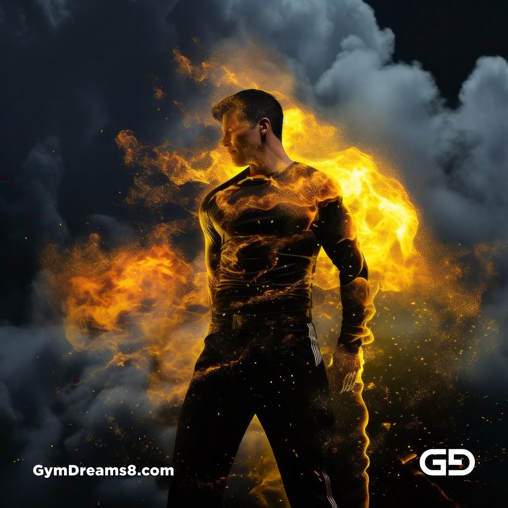 Fire, Muscular man in latex with fire and smoke, Midjourney