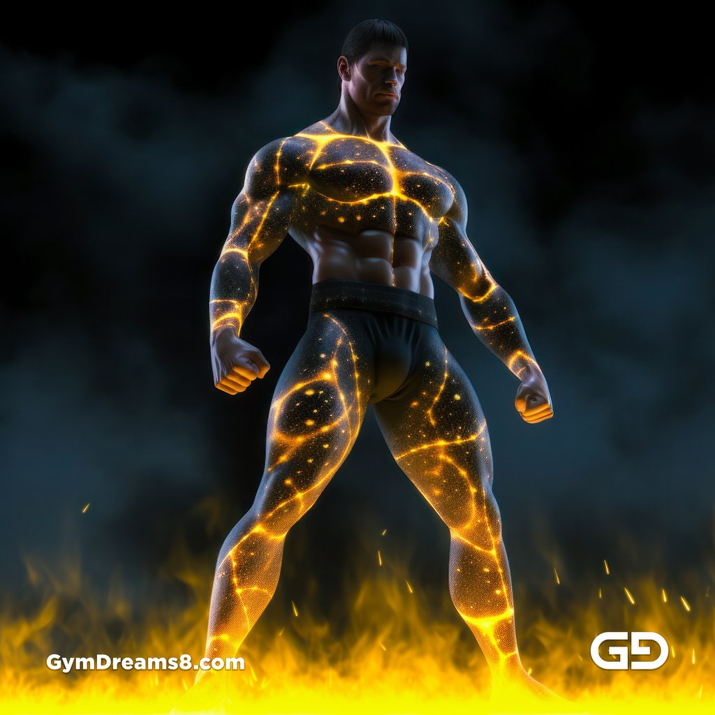 Fire, Muscular man in latex with fire and smoke, Midjourney