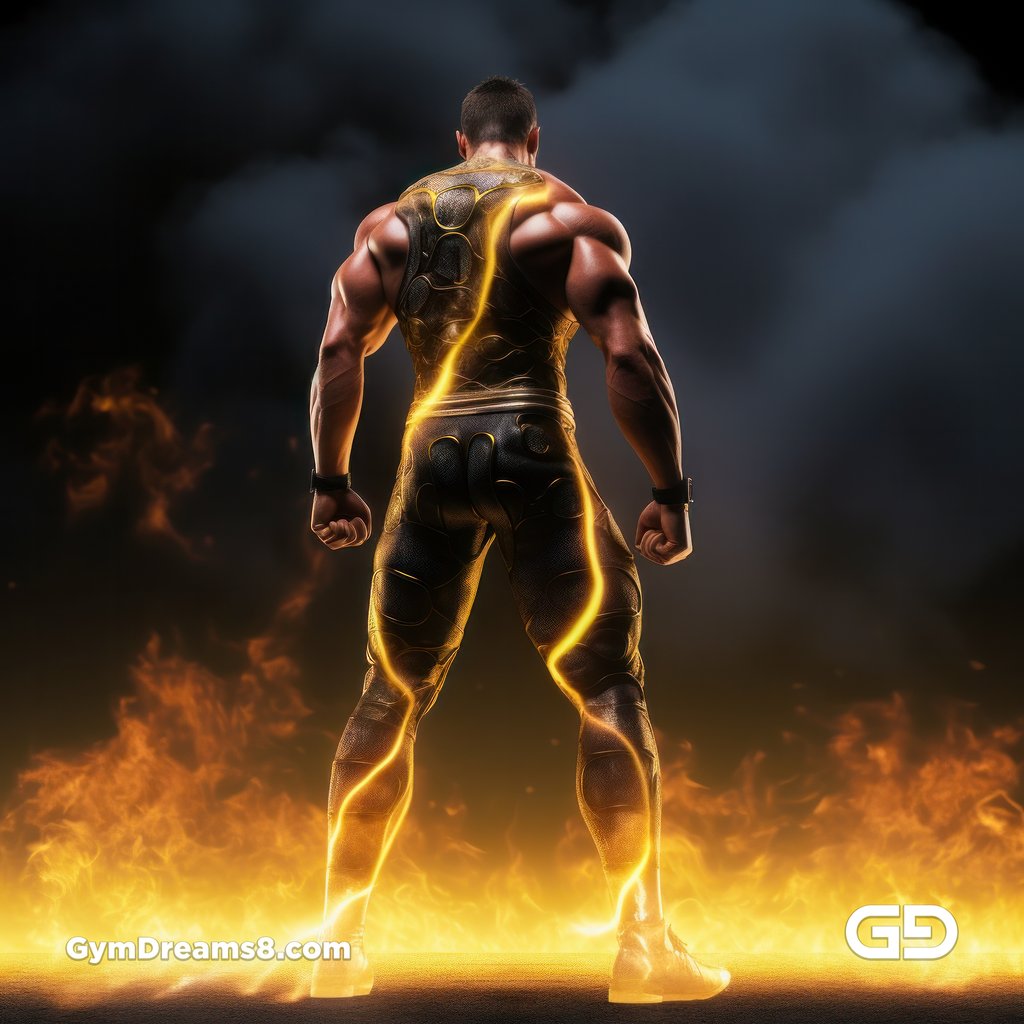 Fire, Muscular man in latex with fire and smoke, Midjourney