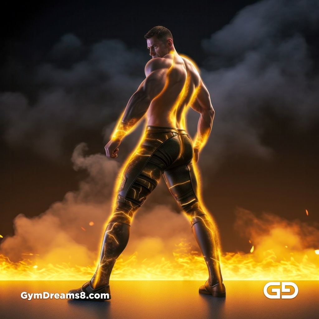 Fire, Muscular man in latex with fire and smoke, Midjourney
