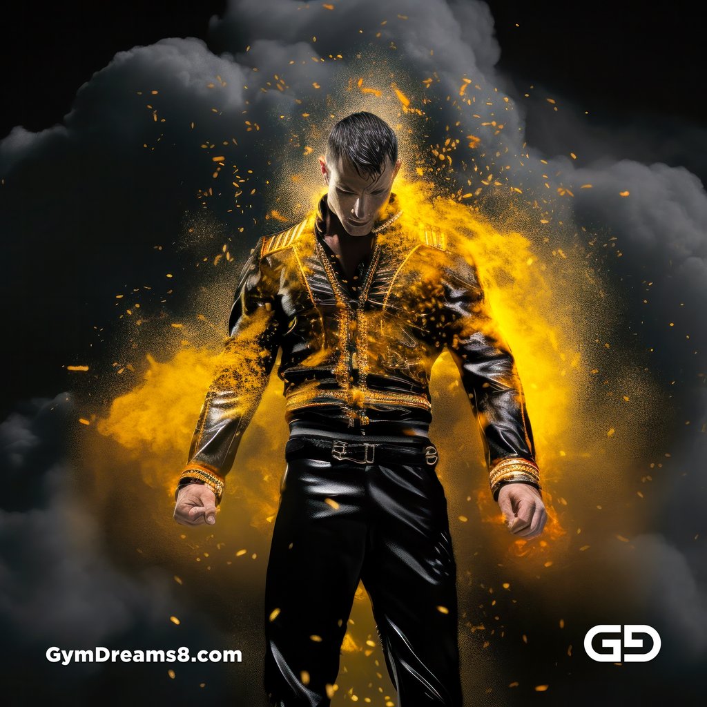 Fire, Muscular man in latex with fire and smoke, Midjourney