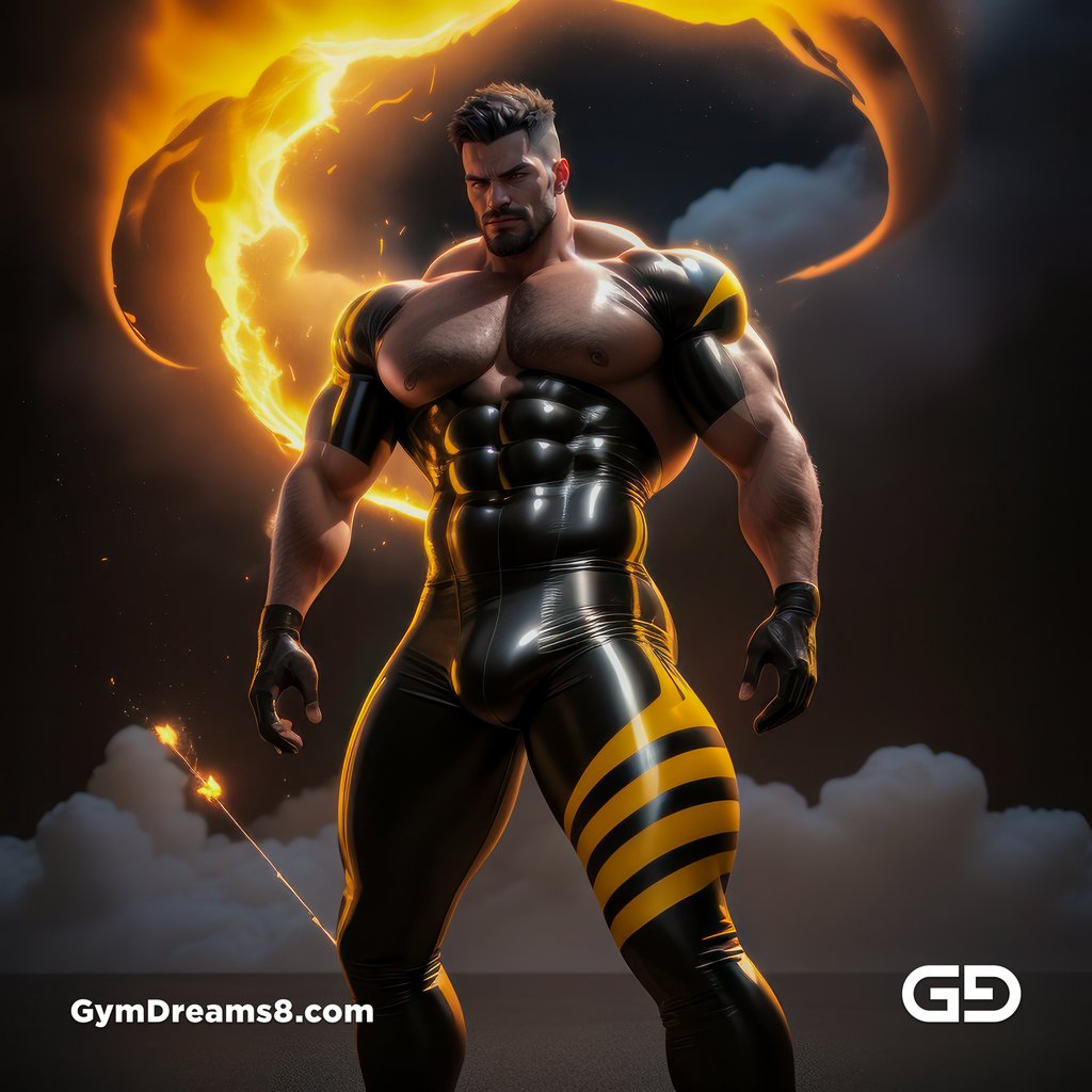 Fire, Muscular man in latex with fire and smoke, Stable Diffusion
