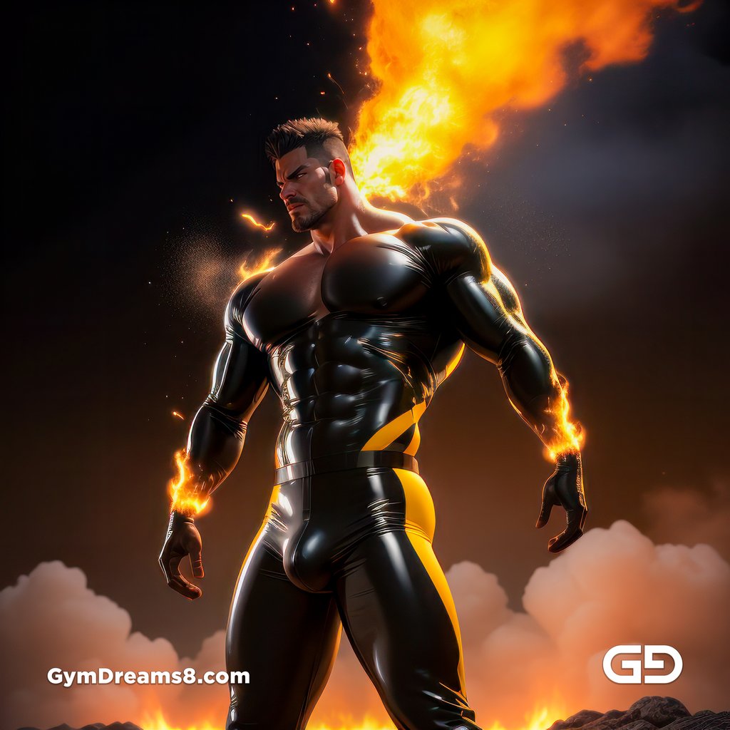 Fire, Muscular man in latex with fire and smoke, Stable Diffusion