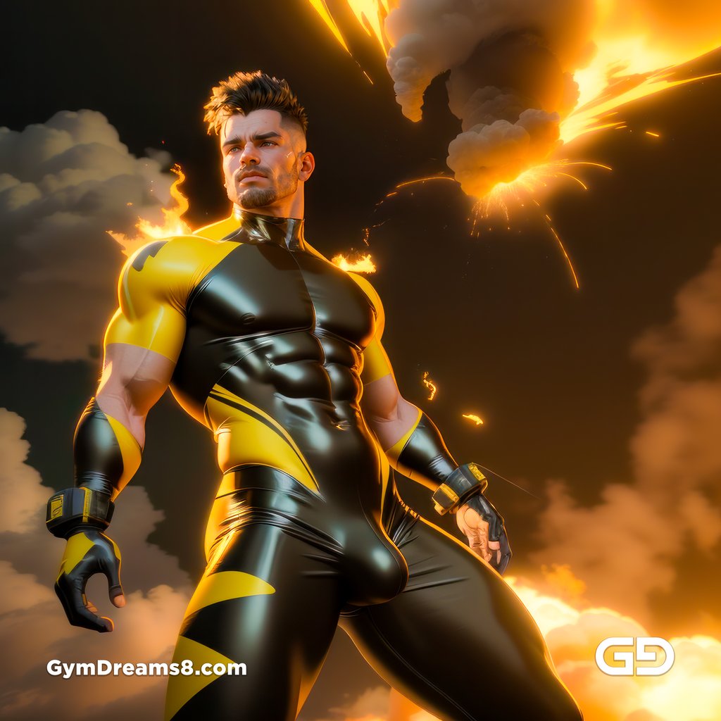 Fire, Muscular man in latex with fire and smoke, Stable Diffusion and Midjourney