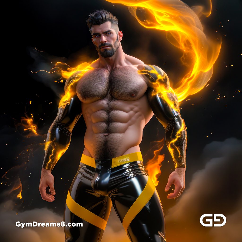 Fire, Muscular man in latex with fire and smoke, Stable Diffusion and Midjourney