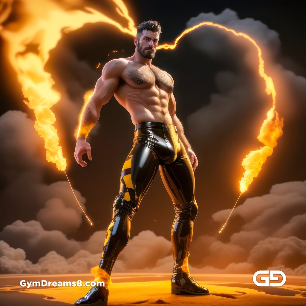 Fire, Muscular man in latex with fire and smoke, Stable Diffusion and Midjourney