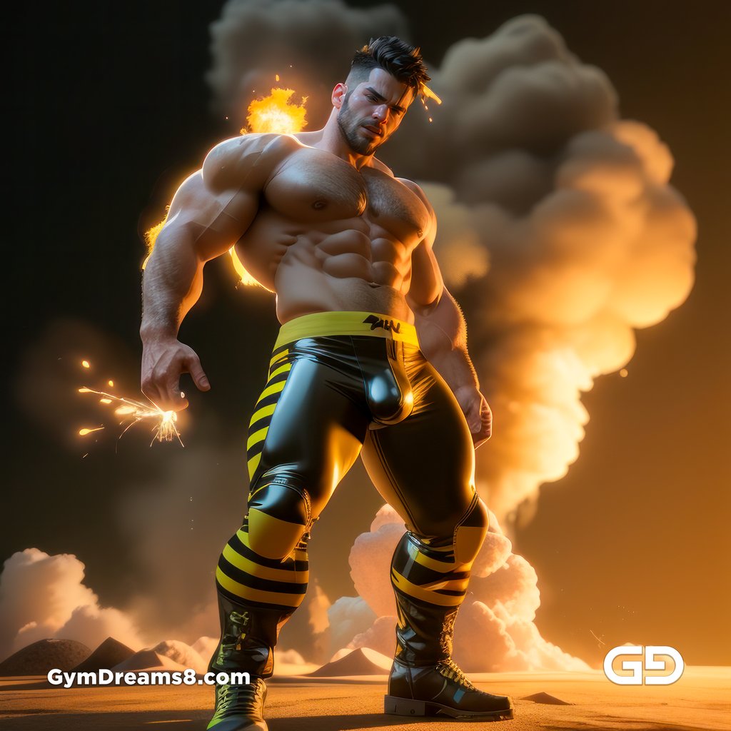 Fire, Muscular man in latex with fire and smoke, Stable Diffusion and Midjourney