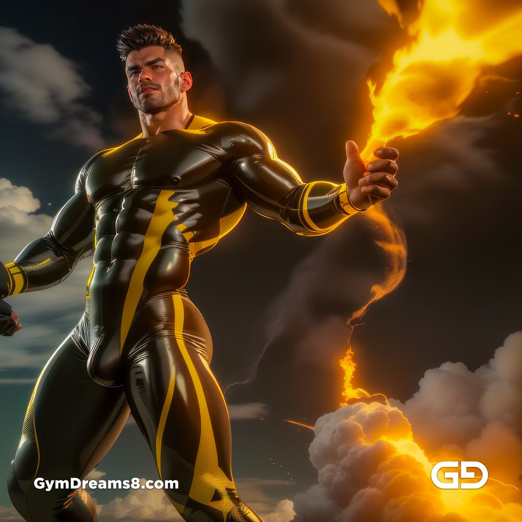 Fire, Muscular man in latex with fire and smoke, Stable Diffusion and Midjourney