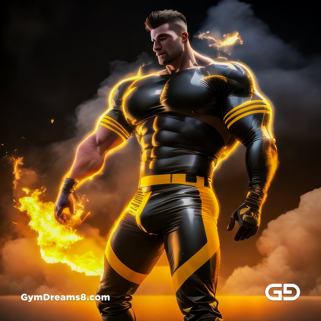Fire, Muscular man in latex with fire and smoke, Stable Diffusion and Midjourney