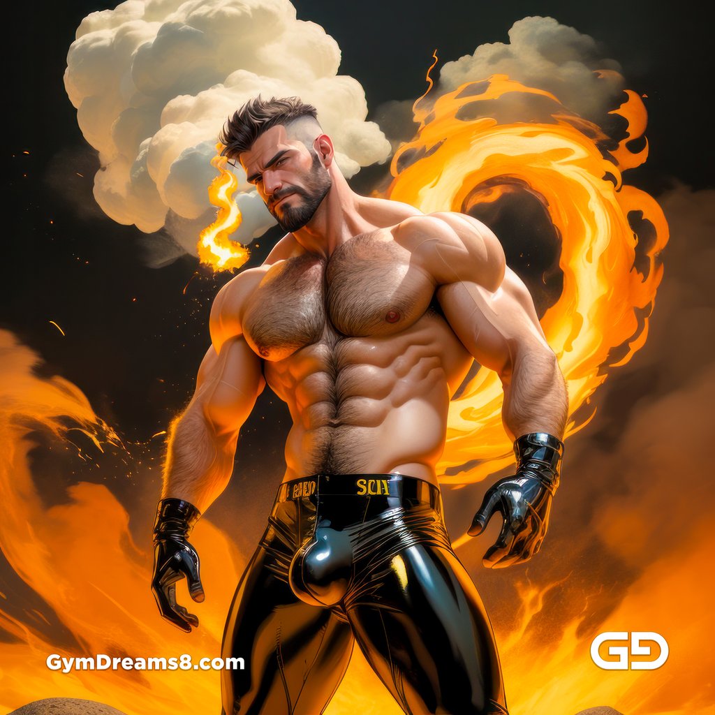 Fire, Muscular man in latex with fire and smoke, Stable Diffusion and Midjourney