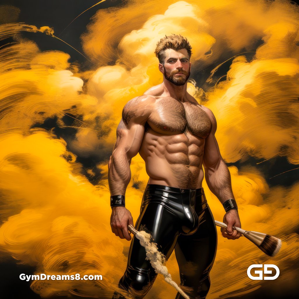 Fire, Muscular man in latex with fire and smoke, Stable Diffusion and Midjourney