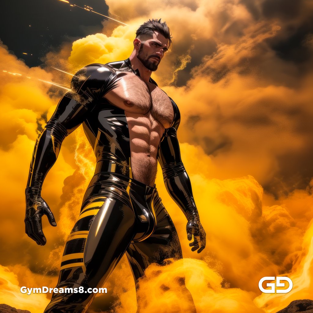 Fire, Muscular man in latex with fire and smoke, Stable Diffusion and Midjourney
