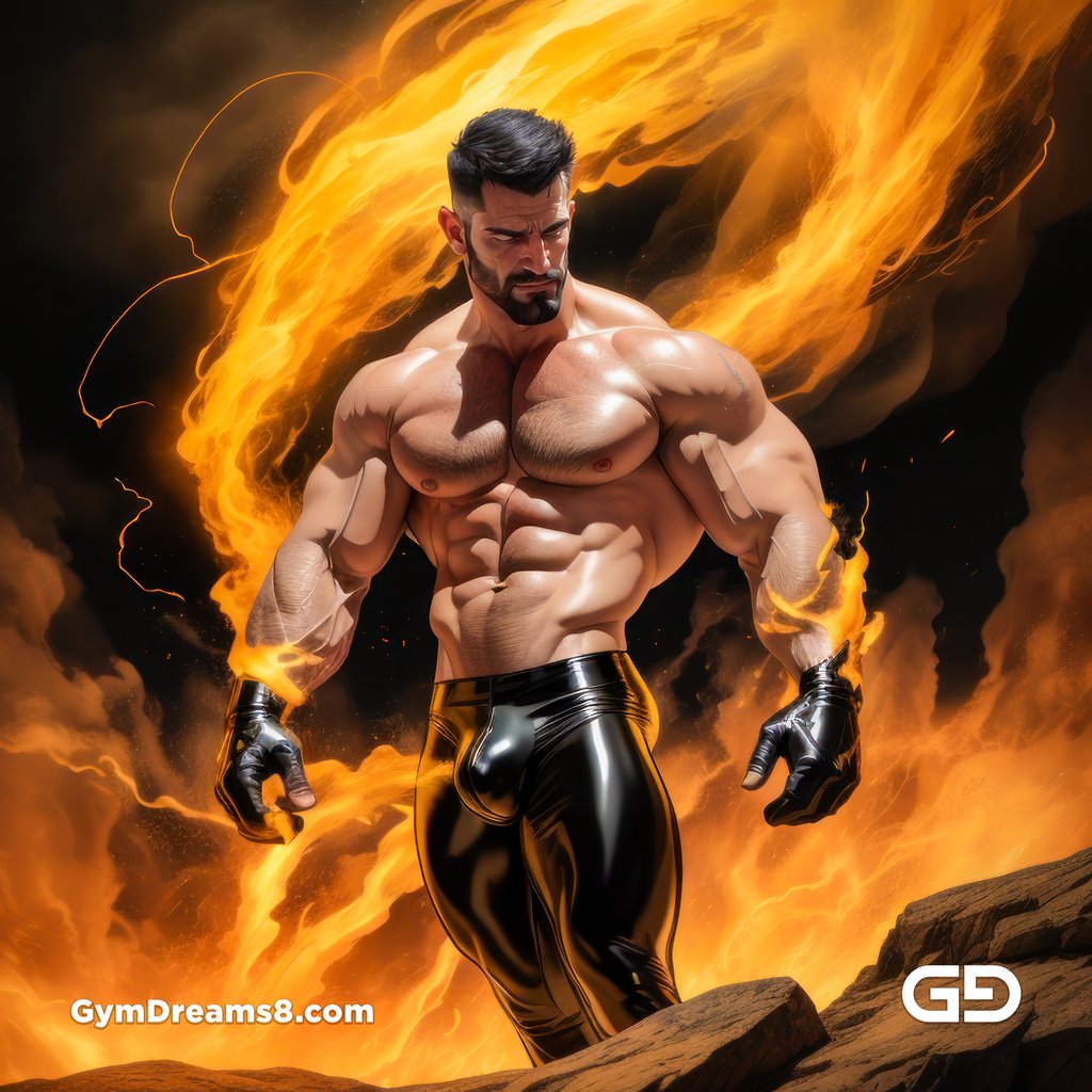 Fire, Muscular man in latex with fire and smoke, Stable Diffusion and Midjourney