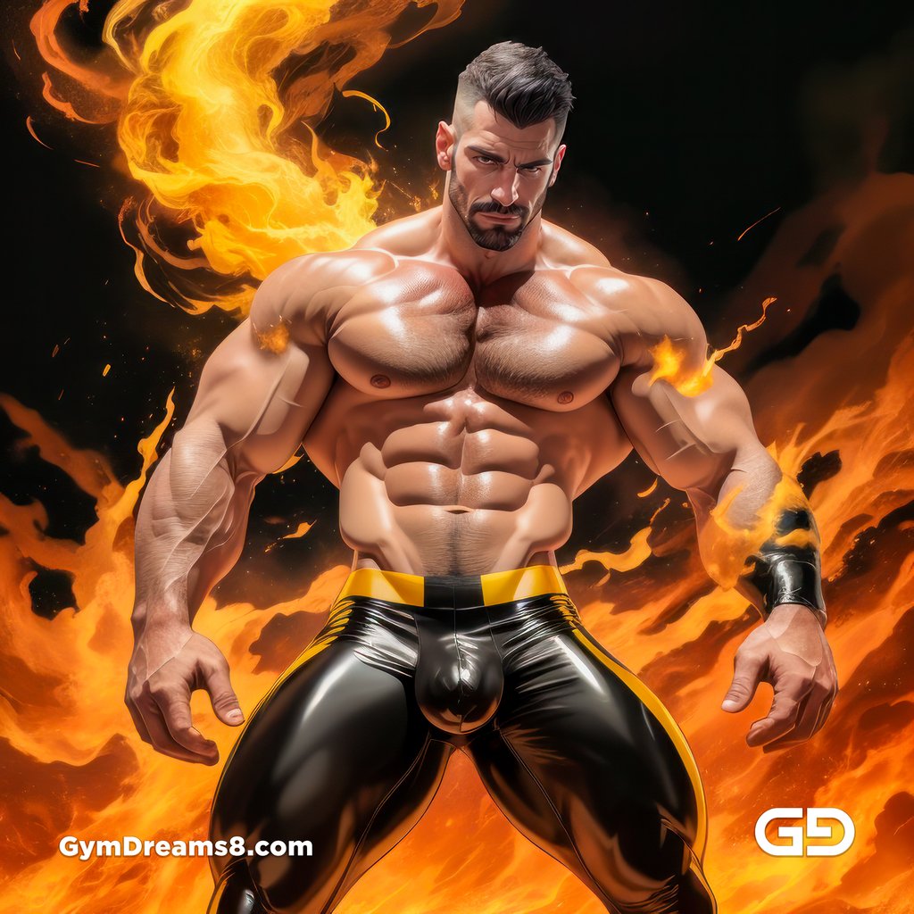 Fire, Muscular man in latex with fire and smoke, Stable Diffusion and Midjourney