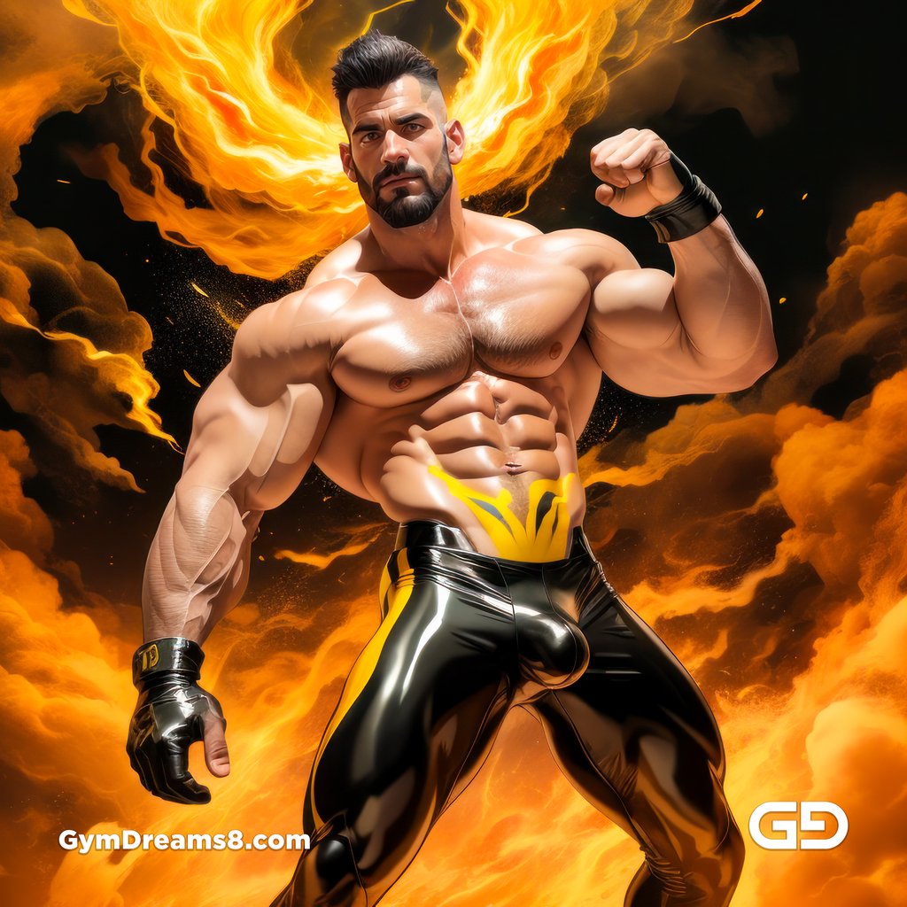 Fire, Muscular man in latex with fire and smoke, Stable Diffusion and Midjourney