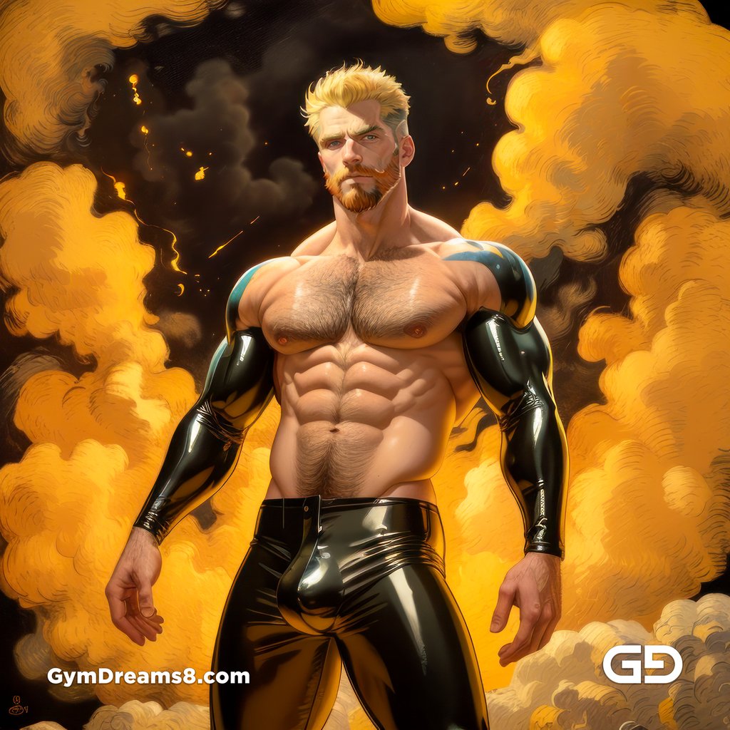 Fire, Muscular man in latex with fire and smoke, Stable Diffusion and Midjourney