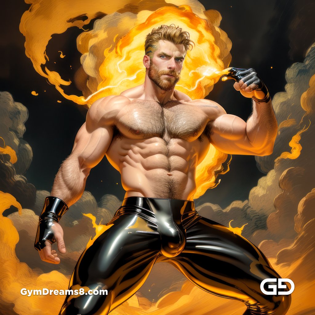 Fire, Muscular man in latex with fire and smoke, Stable Diffusion and Midjourney