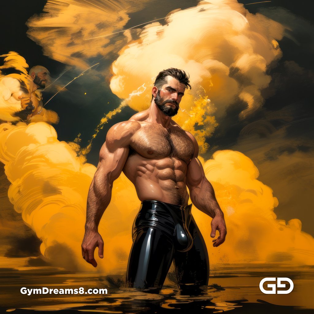 Fire, Muscular man in latex with fire and smoke, Stable Diffusion and Midjourney