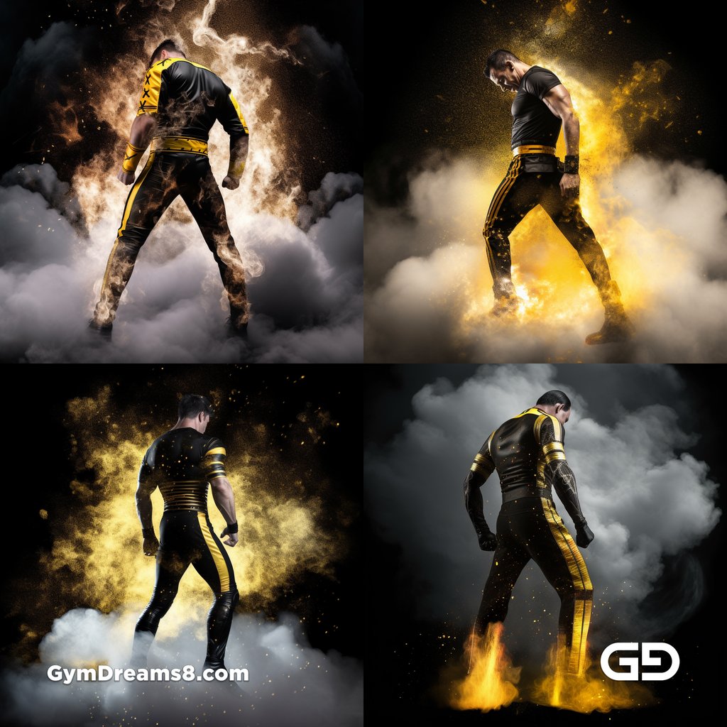 Fire, Muscular man in latex with fire and smoke, Midjourney